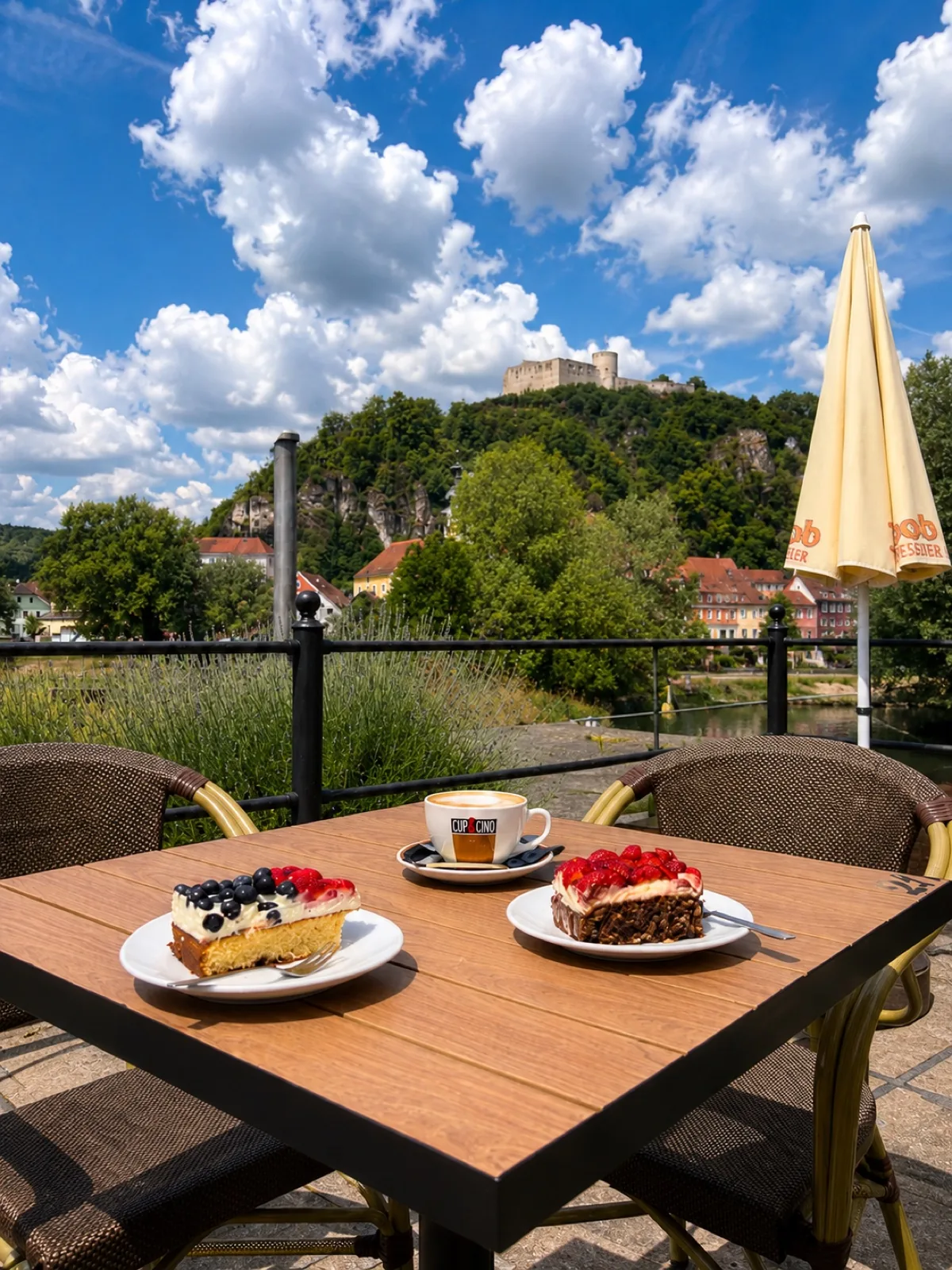 Zwei Stück hausgemachter Kuchen und ein Cappuccino auf der Terrasse mit Blick auf die Burgruine Kallmünz