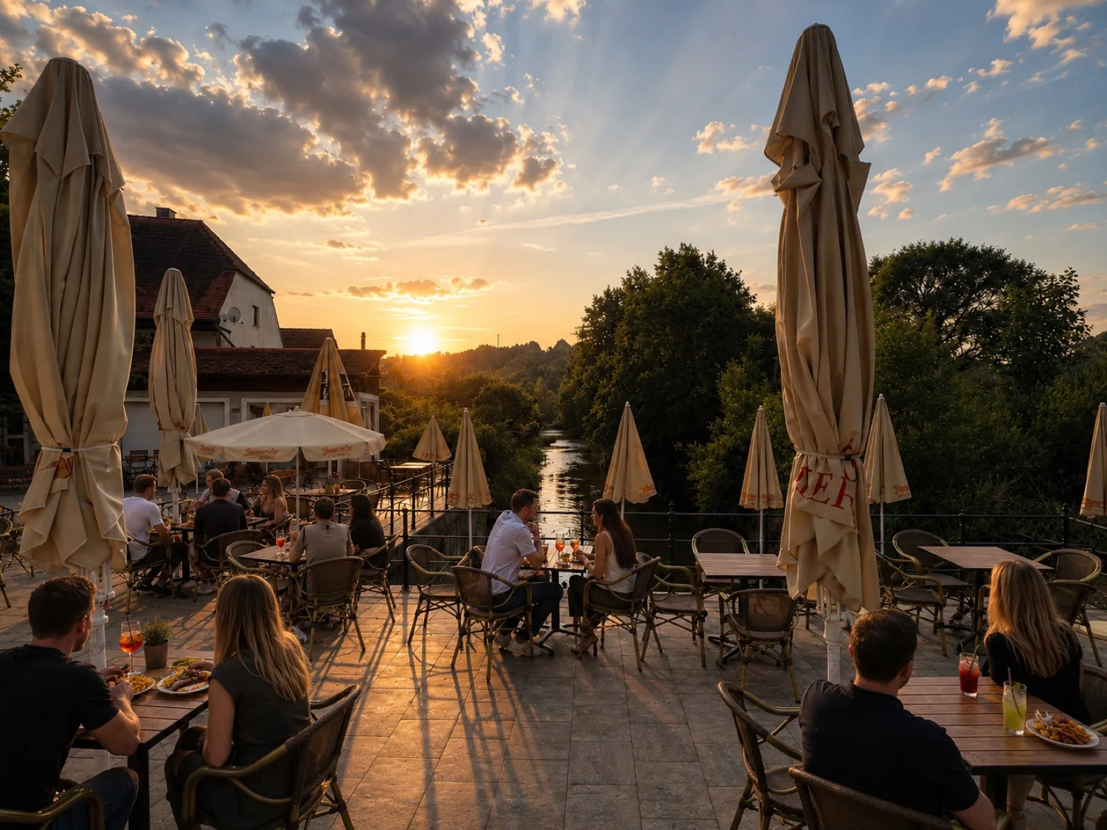 Gäste auf der Terrasse im warmen Abendlicht mit Blick auf die Naab